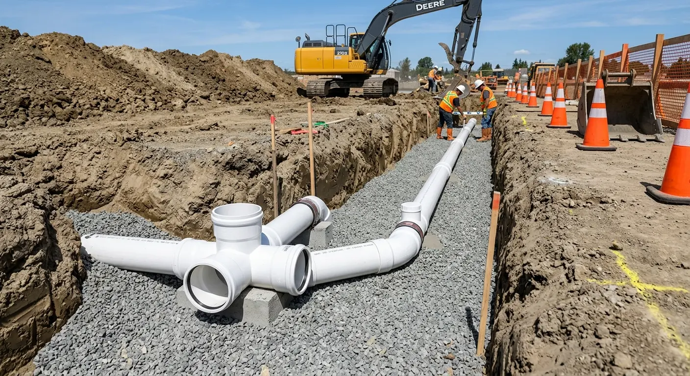 New PVC sewer pipe installation in open trench for Commercial Drain Cleaning in Sallisaw