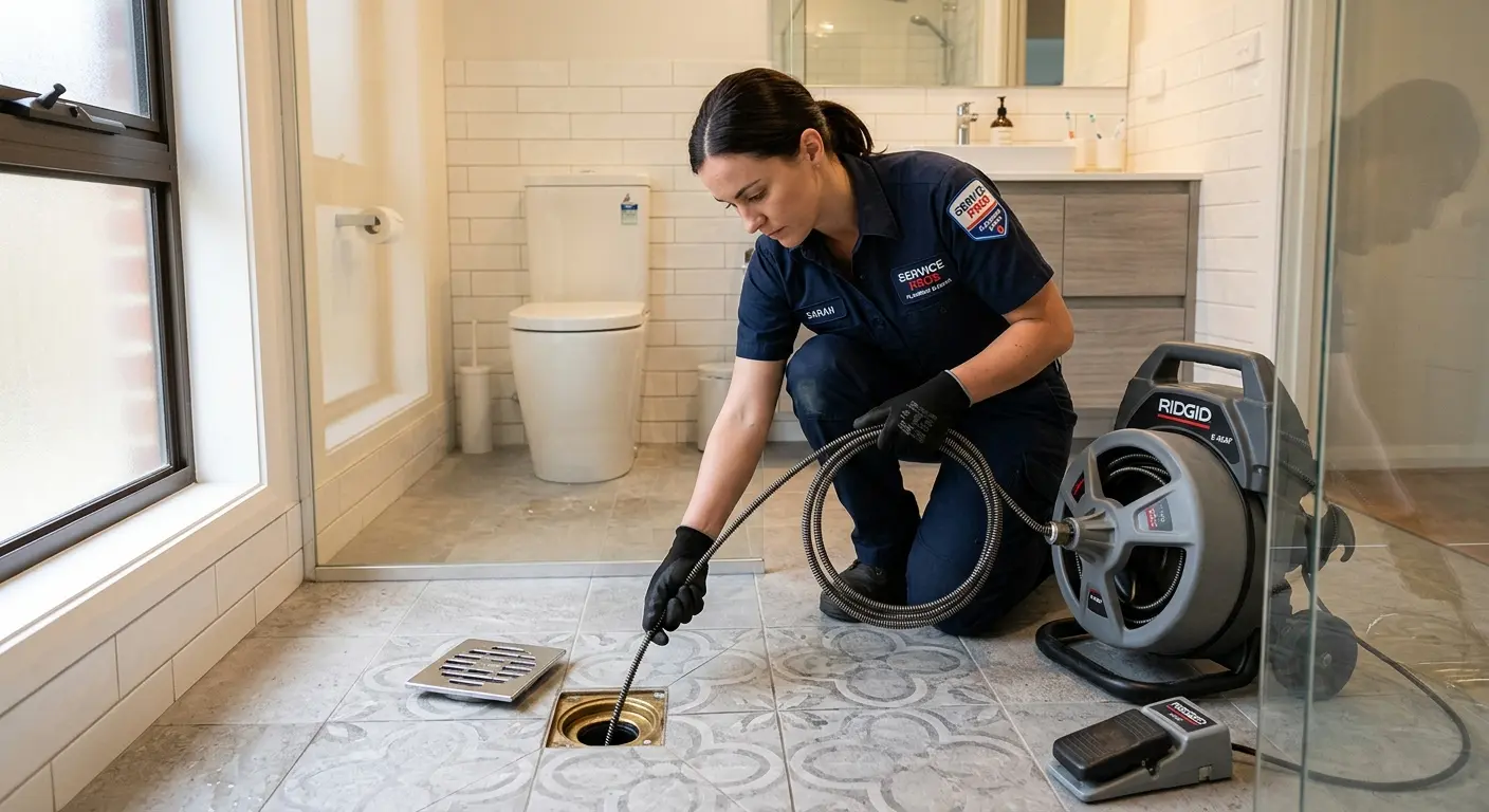 Technician clearing a bathroom floor drain for Hydro Jetting in Sallisaw